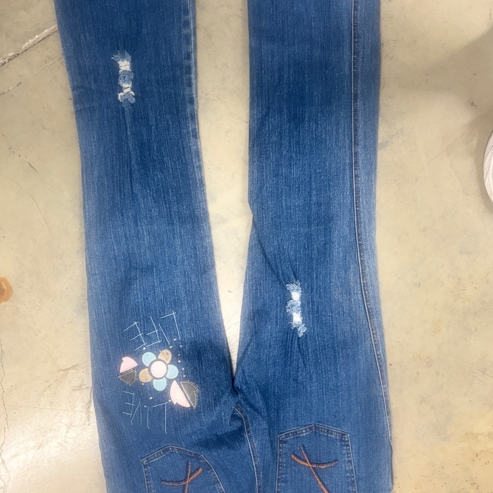 “Live brand women’s jeans size 30 — floral applique, rhinestones, stretch denim”
